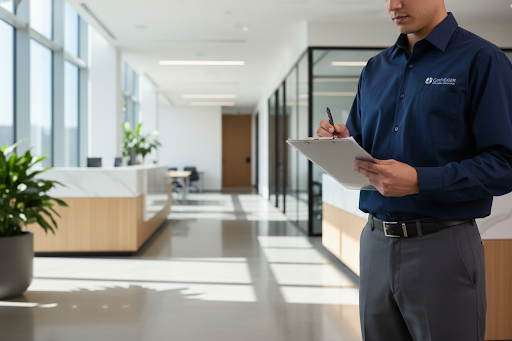 Fresh Start Cleaning supervisor reviewing a commercial facility